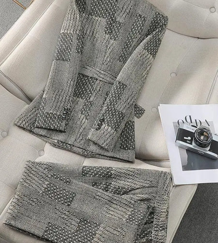 Autumn Winter Vintage Gray Patchwork 2024 Women Elegant Button Long Sleeve Blazer Coat + High Waist Pant Two Piece Set New Trend