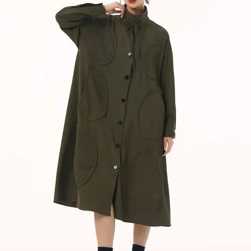 Load image into Gallery viewer, Women Army Green Patch Drawstring Big Size Midi Dress New Stand Collar Long Sleeve Fashion Tide Spring Autumn 2025 1DH9211
