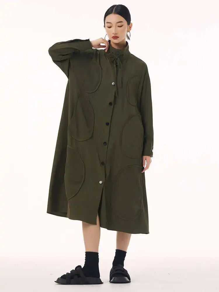 Women Army Green Patch Drawstring Big Size Midi Dress New Stand Collar Long Sleeve Fashion Tide Spring Autumn 2025 1DH9211
