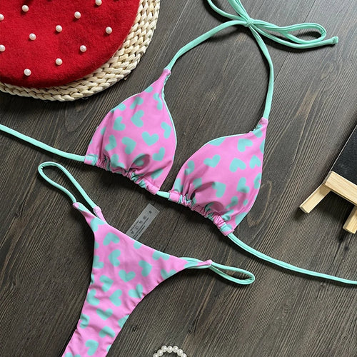 Load image into Gallery viewer, Heart Print 2024 Halter Bikini Set Thong Swimsuit Women Bandage Swimwear Biquini Brazilian Bathing Suit Beachwear
