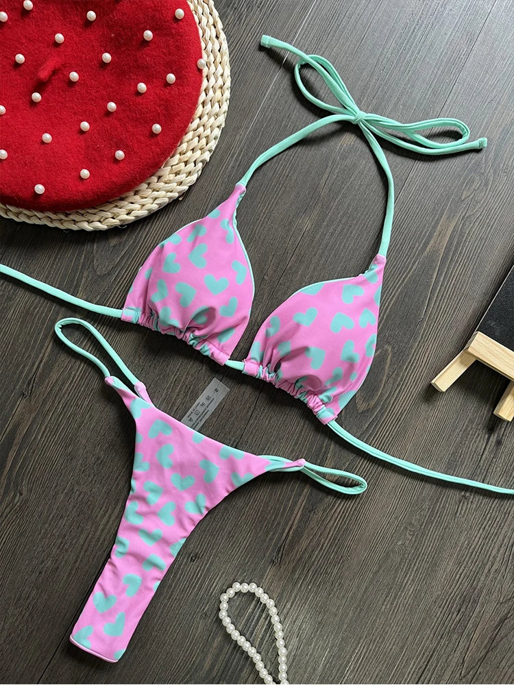 Heart Print 2024 Halter Bikini Set Thong Swimsuit Women Bandage Swimwear Biquini Brazilian Bathing Suit Beachwear