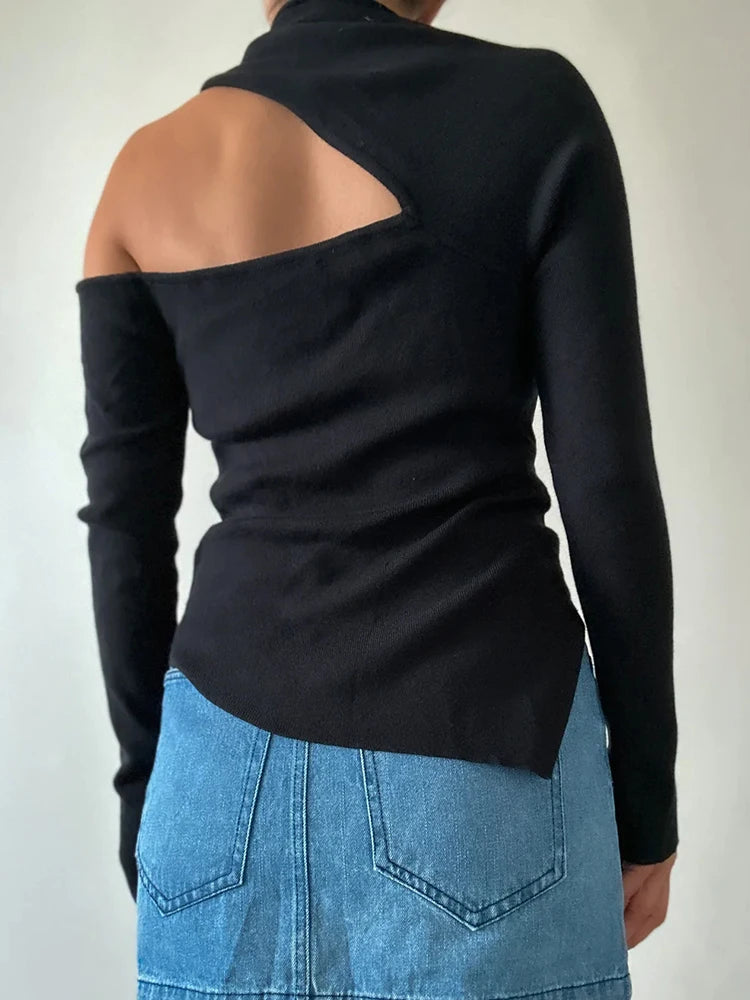 Irregular Solid Hollow Out Slimming Sweaters For Women Diagonal Collar Long Sleeve Minimalist Pullover Sweater Female