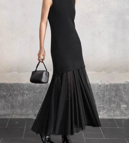 Slimming Spliced Meah Knit Dresses for Women Stand Neck Sleeveless Patchwork Folds Elegant Dress Female Clothes New