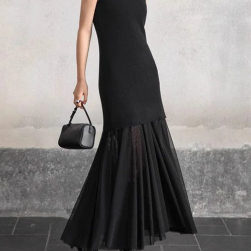 Load image into Gallery viewer, Slimming Spliced Meah Knit Dresses for Women Stand Neck Sleeveless Patchwork Folds Elegant Dress Female Clothes New
