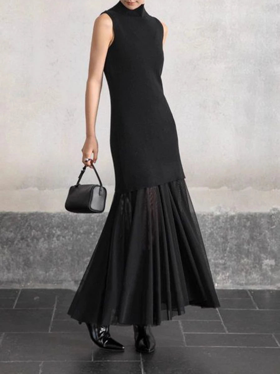 Slimming Spliced Meah Knit Dresses for Women Stand Neck Sleeveless Patchwork Folds Elegant Dress Female Clothes New