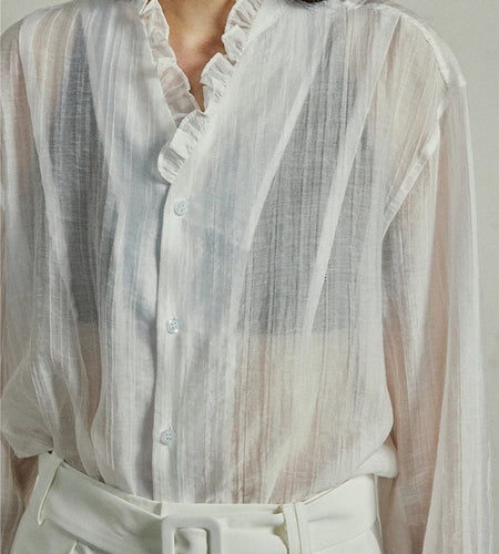 Women White Thin Perspective Big Size Blouse New Stand Collar Long Sleeve Shirt Fashion Tide Spring Autumn 2025 1DJ0350