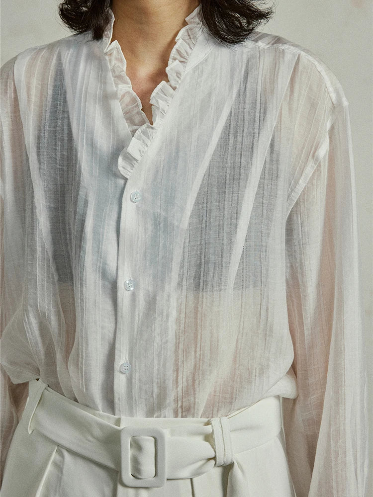 Women White Thin Perspective Big Size Blouse New Stand Collar Long Sleeve Shirt Fashion Tide Spring Autumn 2025 1DJ0350