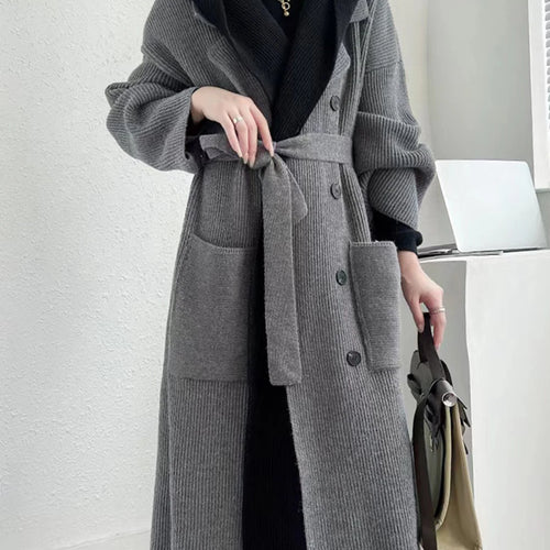 Load image into Gallery viewer, Hit Color Knitting Casual Trench For Women Lapel Long Sleeve Patchwork Button Temperament Fashion Long Coats Female
