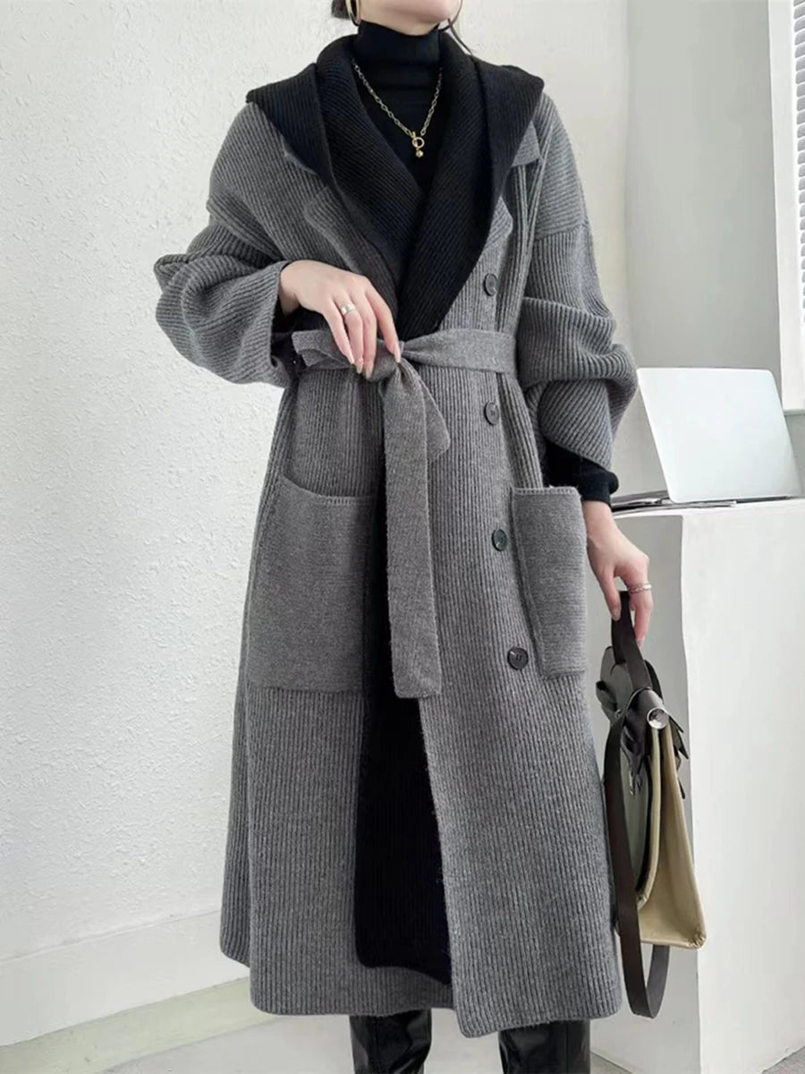 Hit Color Knitting Casual Trench For Women Lapel Long Sleeve Patchwork Button Temperament Fashion Long Coats Female