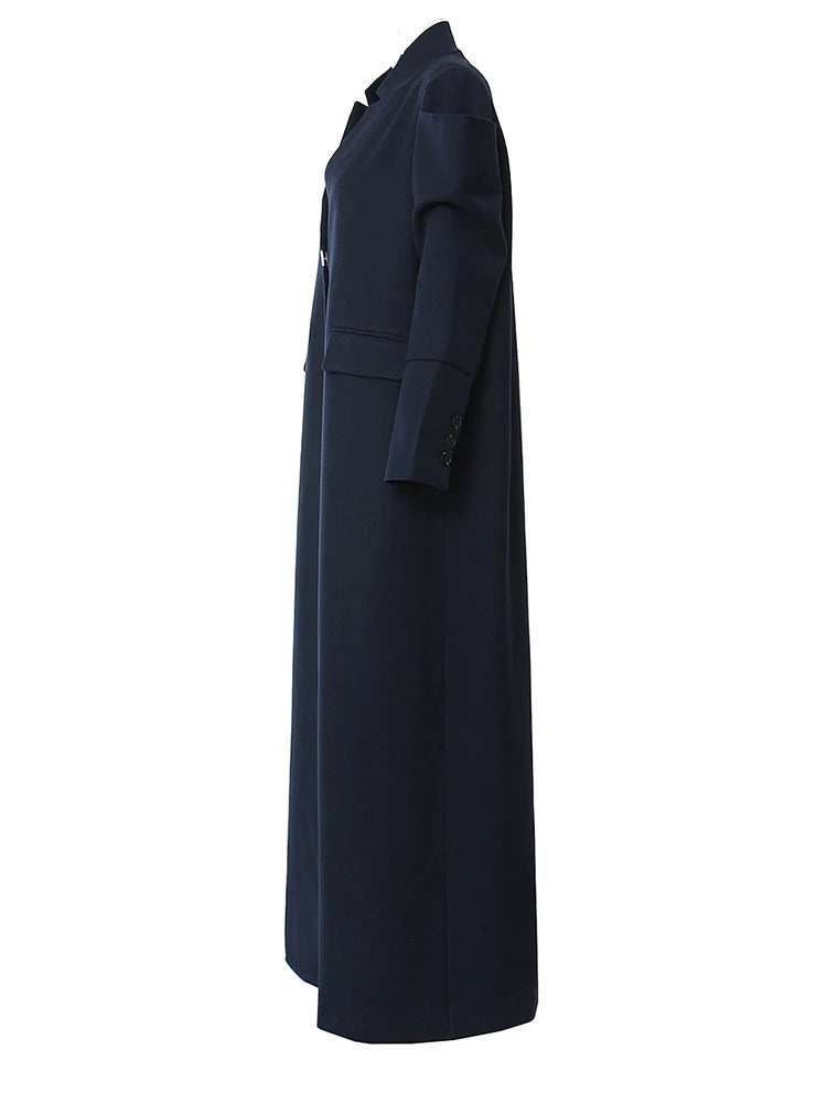 Women Navy Blue Elegant Long Shaped Blazer New Stand Collar Long Sleeve Jacket Fashion Tide Spring Autumn 2025 1DH3989