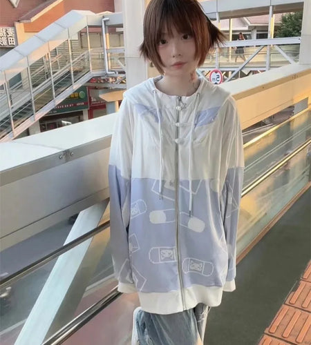 Streetwear Vintage Contrast Coats Women Loose Y2k Aesthetic Cartoon Print Jackets Casual Oversized Harajuku Kawaii Hoodies Top