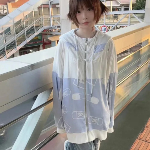 Load image into Gallery viewer, Streetwear Vintage Contrast Coats Women Loose Y2k Aesthetic Cartoon Print Jackets Casual Oversized Harajuku Kawaii Hoodies Top

