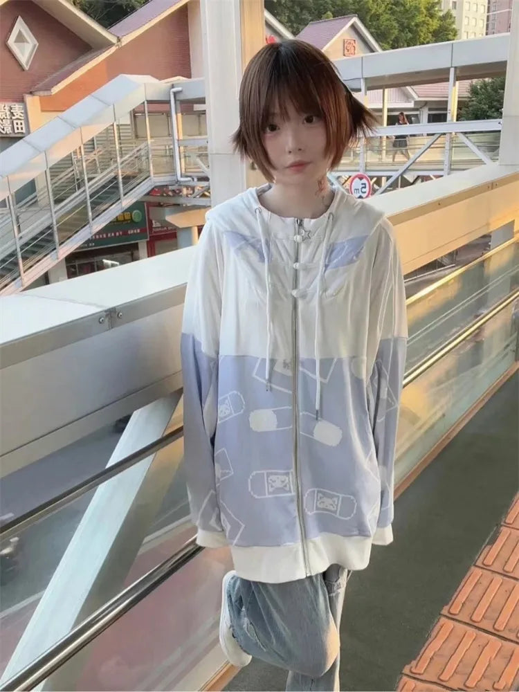 Streetwear Vintage Contrast Coats Women Loose Y2k Aesthetic Cartoon Print Jackets Casual Oversized Harajuku Kawaii Hoodies Top