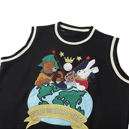 Load image into Gallery viewer, Harajuku Cartoon Bear Embroidery Jacquard Knitted Pullover Women Casual Sweater Vest Spring Sleeveless O-neck Girl Tops
