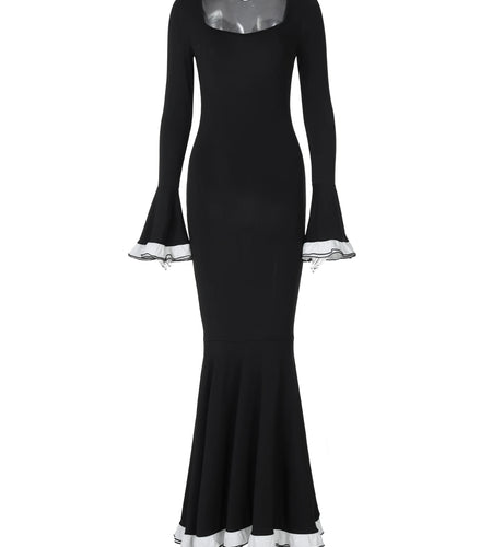 Matching Color Square Collar Long Flare Sleeve Sexy Bodycon Maxi Prom Dress Winter Elegant Women Outfit Christmas Party