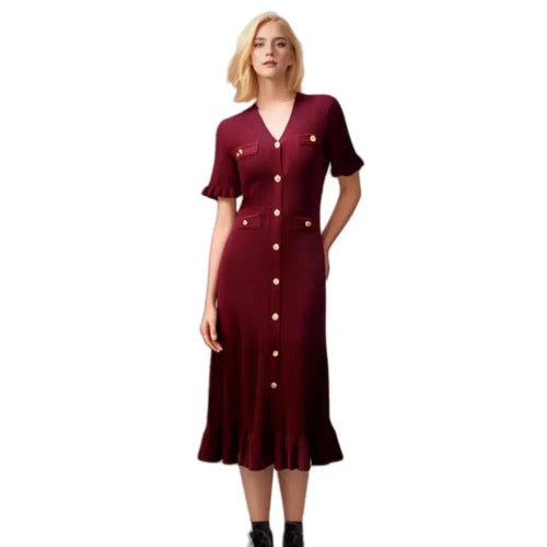Load image into Gallery viewer, Women Solid V Neck Ruffles Edge Knitted Single Breasted Dress Fashion Spring Summer Short Sleeves Festival Long Dress Simplicity

