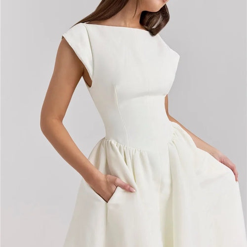 Load image into Gallery viewer, White Backless A-line Sexy Maxi Dress For Women Gown Solid Hollow Out Sleeveless High Waist Club Pleated Dress Elegant
