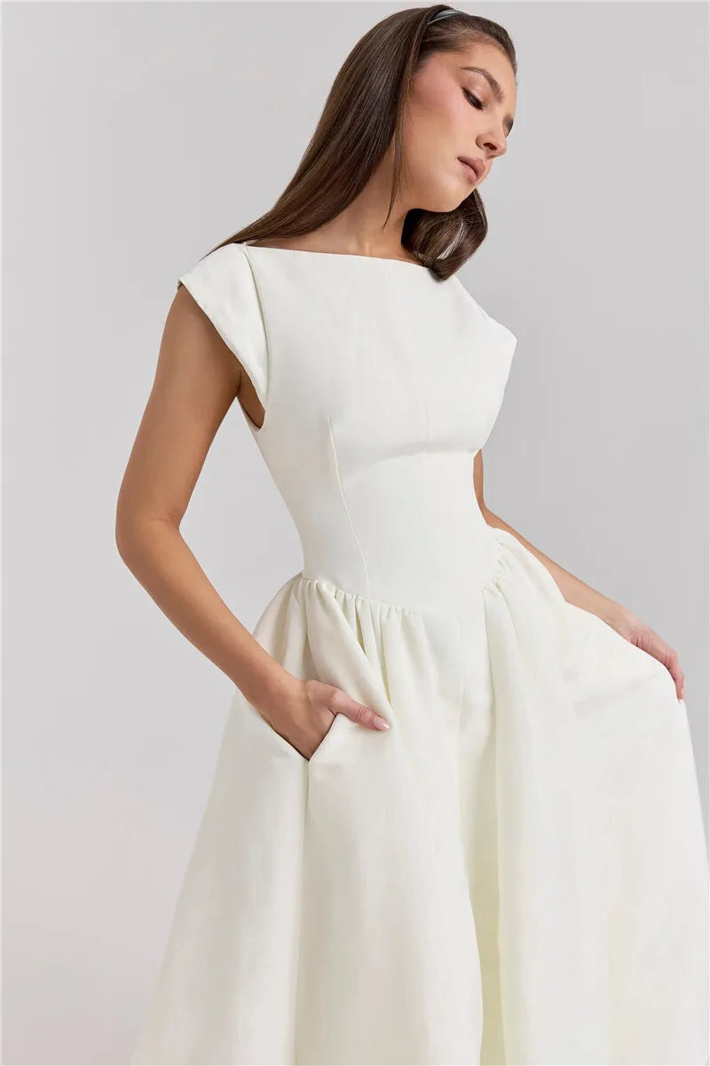 White Backless A-line Sexy Maxi Dress For Women Gown Solid Hollow Out Sleeveless High Waist Club Pleated Dress Elegant