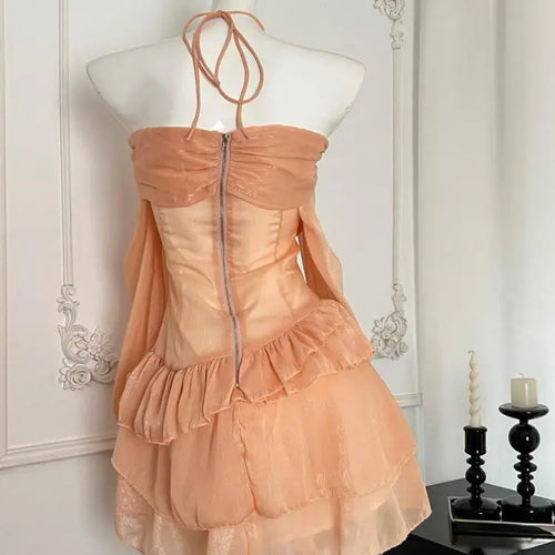 Load image into Gallery viewer, Vintage Women's Autumn Orange Off Shoulder Long Sleeved Short Dress French Fashion Sexy Club High Waist Ruffles Mini Dress Trend
