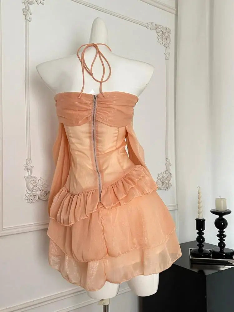 Vintage Women's Autumn Orange Off Shoulder Long Sleeved Short Dress French Fashion Sexy Club High Waist Ruffles Mini Dress Trend