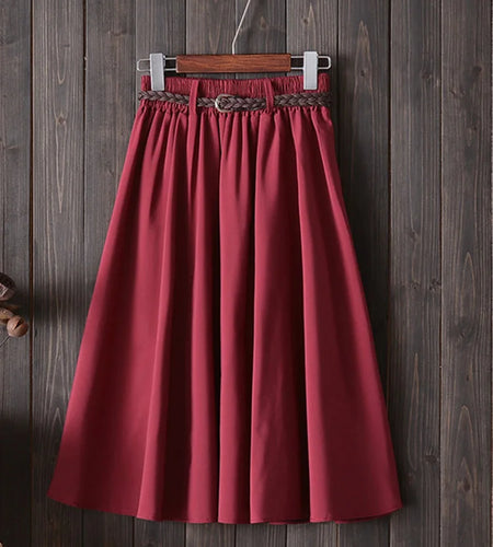 Midi Knee Length Summer Skirt Women With Belt 2025 Fashion Korean Ladies High Waist Pleated A-line School Skirt Female
