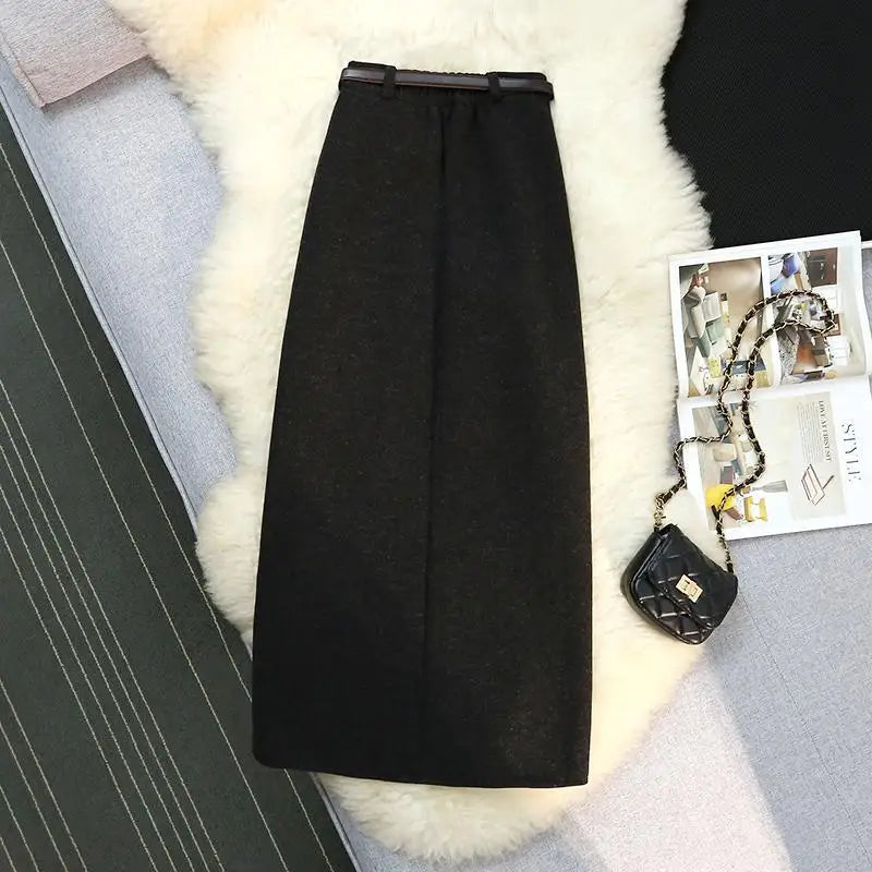Autumn Winter New Beige Purple Elegant Woolen Skirt Female Black Elastic High Waist Party Wrap Hip Mid-length Skirt Vintage Chic