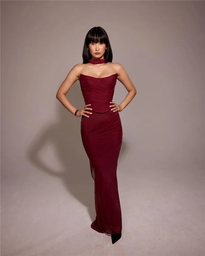 Wine Red Sexy Two Piece Sets Women Neckerchief Strapless Crop Tops And Maxi Skirt Sets Club Party Skirt Two Piece Sets