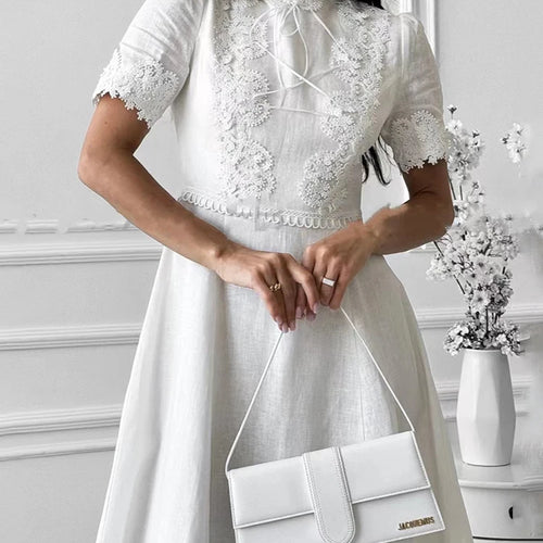 Load image into Gallery viewer, Elegant Solid Spliced Lace Up Slimming Dresses For Women Stand Collar Short Sleeve High Waist Embroidery Long Dress Female
