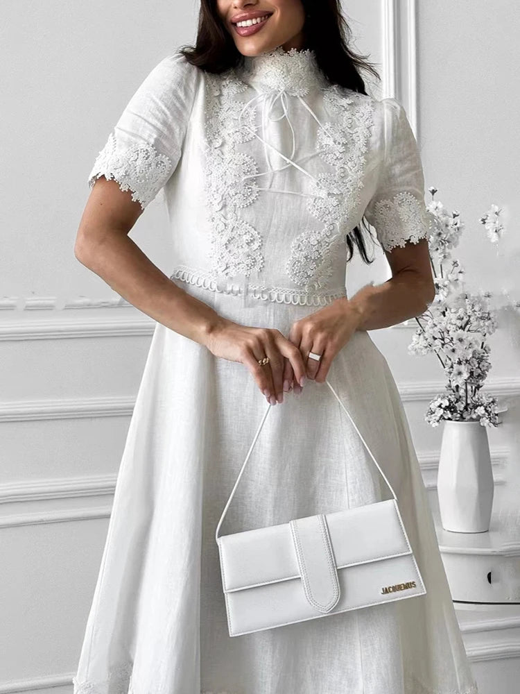 Elegant Solid Spliced Lace Up Slimming Dresses For Women Stand Collar Short Sleeve High Waist Embroidery Long Dress Female