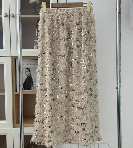 Women Beige Sequins Feather Tassels High Waist Sexy Skirt Fashion Vintage Luxury Black Straight Skirt Spring Autumn Clothing Y2k