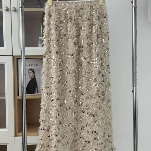 Load image into Gallery viewer, Women Beige Sequins Feather Tassels High Waist Sexy Skirt Fashion Vintage Luxury Black Straight Skirt Spring Autumn Clothing Y2k

