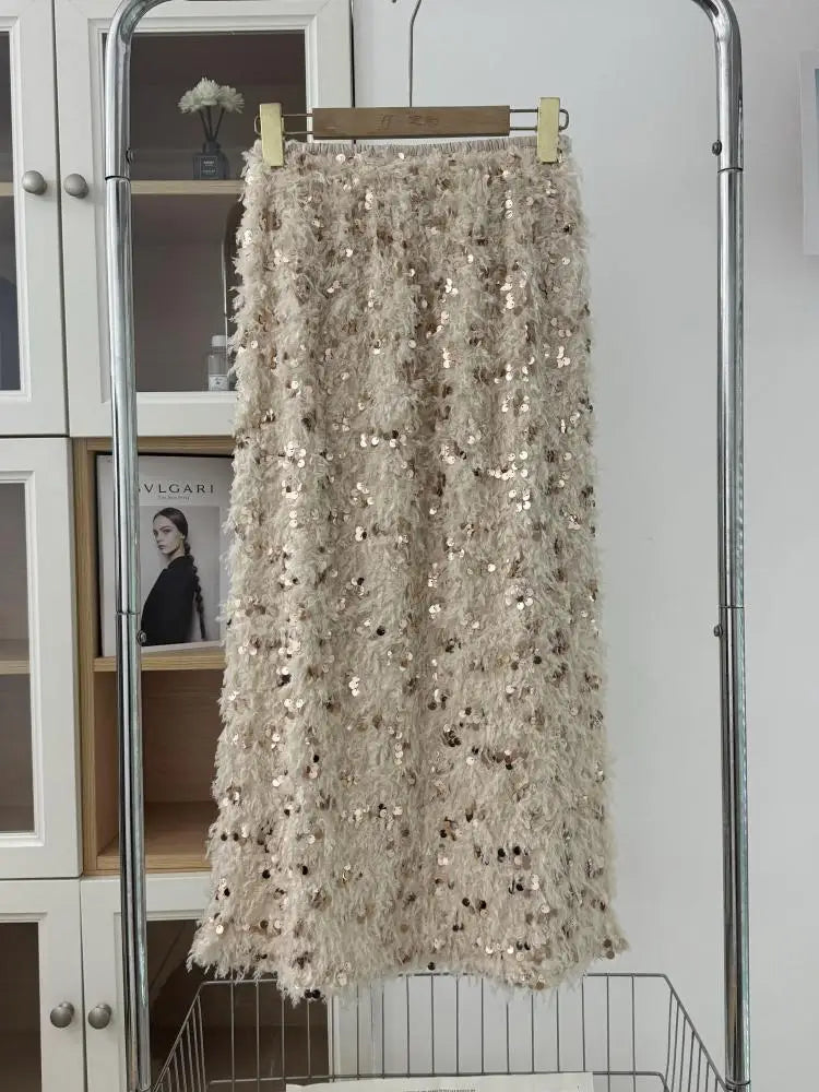 Women Beige Sequins Feather Tassels High Waist Sexy Skirt Fashion Vintage Luxury Black Straight Skirt Spring Autumn Clothing Y2k