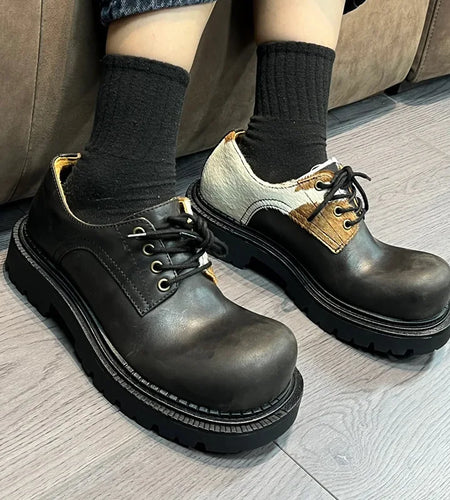 Cow Patterned PU Leather Men's Shoes Lace -up Contrast Color Casual Male Shoe Stylish Chunky Heels 2025 Spring 9C9231
