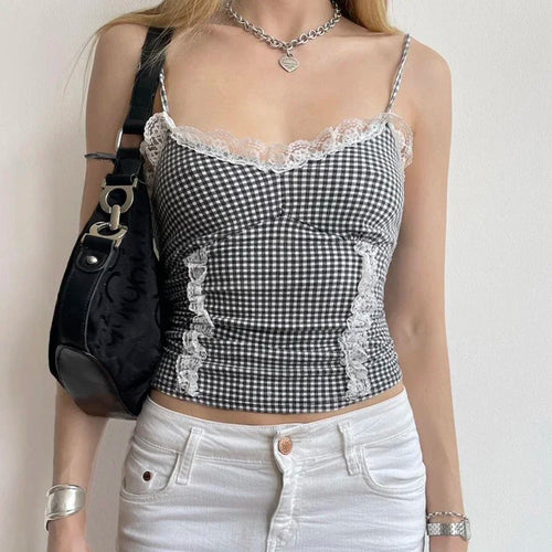 Load image into Gallery viewer, Vintage Strap Chic Summer Cropped Top Sleeveless Y2K Clothes Plaid Tops Camis Lace Spliced Contrast Color Short Cute
