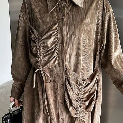 Load image into Gallery viewer, Women Khaki Drawstring Irregular Big Size Elegant Midi Dress New Long Sleeve Fashion Tide Spring Autumn 2025 1DH7270
