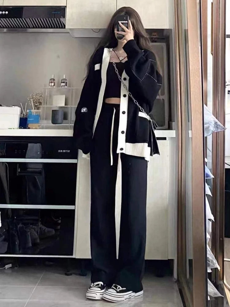 Harajuku Patchwork Simple Cardigan Women Loose V-neck Pocket Streetwear Knitted Female Cardigans Coat Y2k Aesthetic 2025 Autumn