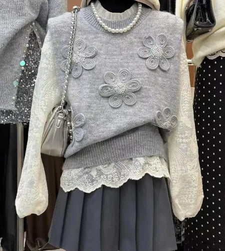 Korean Style Grey Round Neck Knitted Sweater Vest Women Fashion Flower Embroidery Decoration Short Pullover Tops Autumn Winter