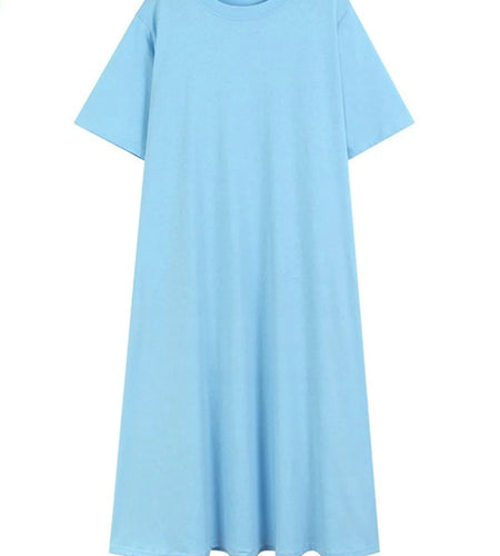 Women Blue Brief Pocket Casual Big Size Midi Dress New Round Neck Short Sleeve Fashion Tide Spring Summer 2025 1DJ1187