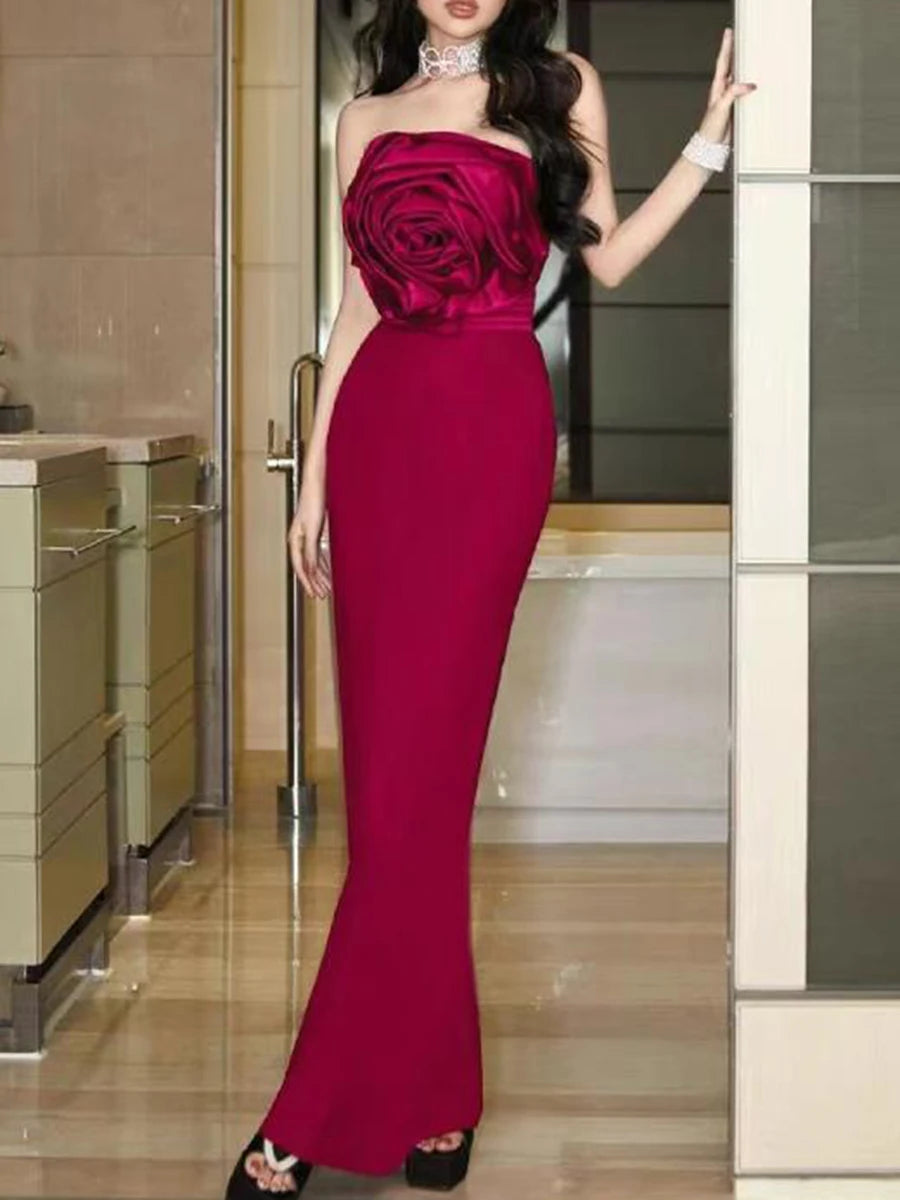 Hit Color Slimming Spliced Appliques Dresses For Women Strapless Sleeveless High Waist Temperament Dress Female New