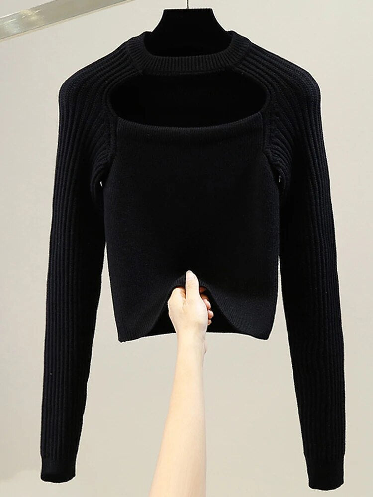 Knitting Hollow Out Sweaters For Women Round Neck Long Sleeve Pullover Minimalist Temperament Sweater Female