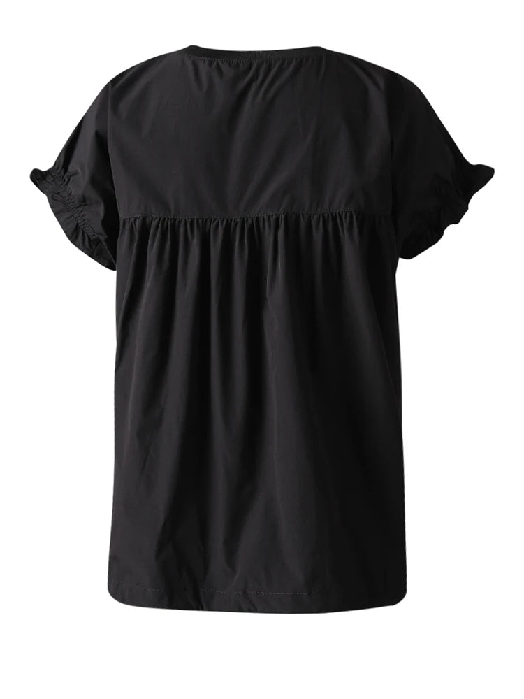 Women White Ruffles Bandage Big Size Blouse New Round Neck Short Sleeve Shirt Fashion Tide Spring Summer 2025 CPG3168