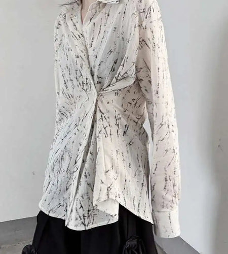 Women Pattern Printed Thin Pleated Big Size Blouse New Lapel Long Sleeve Shirt Fashion Tide Spring Autumn 2025 1DJ0406