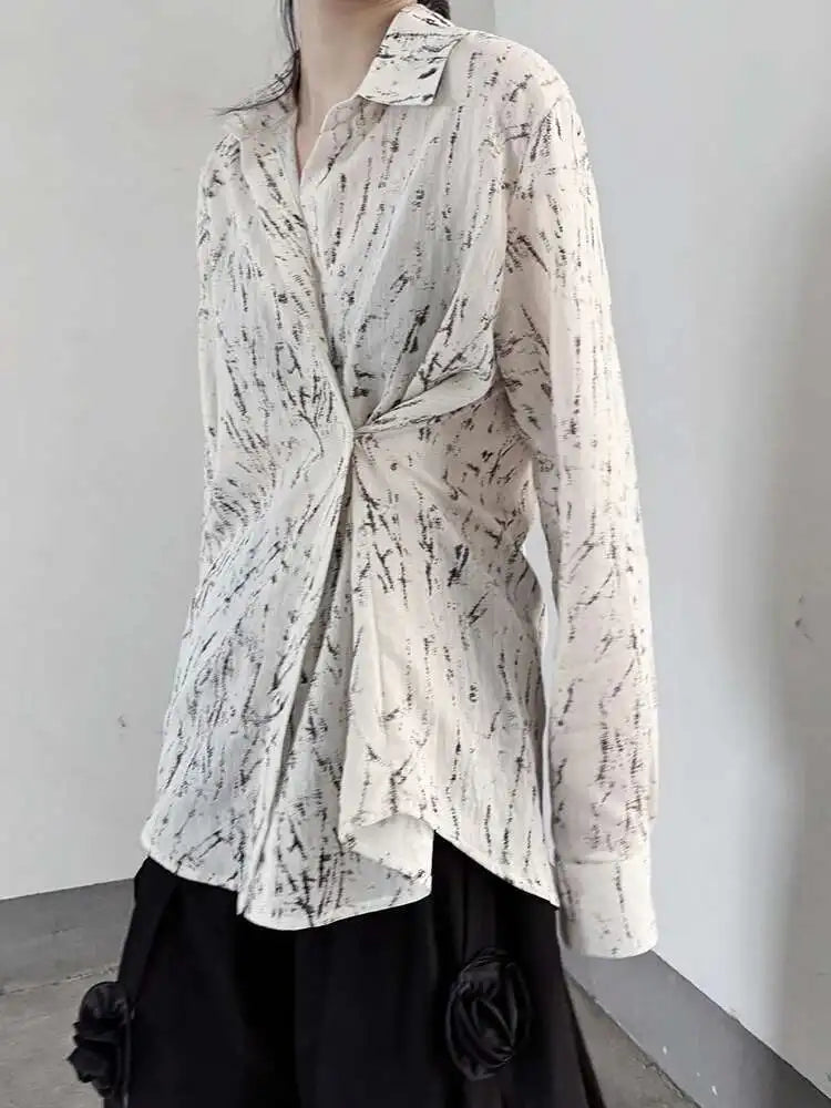 Women Pattern Printed Thin Pleated Big Size Blouse New Lapel Long Sleeve Shirt Fashion Tide Spring Autumn 2025 1DJ0406