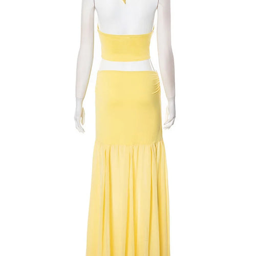 Load image into Gallery viewer, Yellow Sexy Skirt Two Piece Sets Women Halter Lace-up Crop Tops And Maxi Skirt Female Elegant Club 2 Piece Sets Dress
