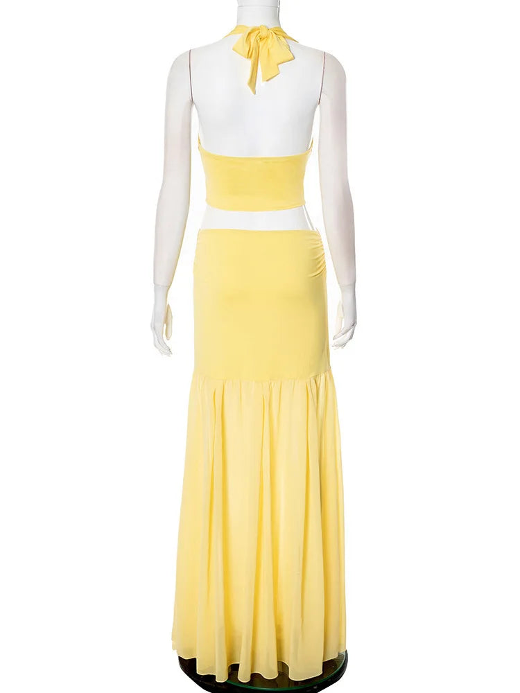 Yellow Sexy Skirt Two Piece Sets Women Halter Lace-up Crop Tops And Maxi Skirt Female Elegant Club 2 Piece Sets Dress