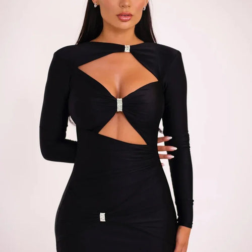 Load image into Gallery viewer, Elegant Hollow Out Long Sleeve Sexy Maxi Dress For Women Solid Color Slim Fit Cut Out Club Party Long Dress New
