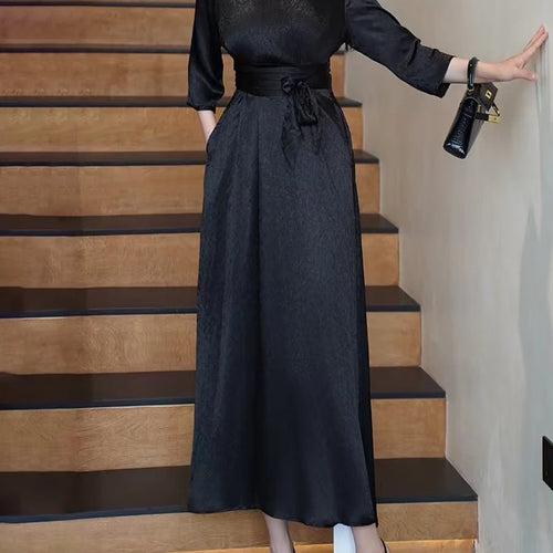 Load image into Gallery viewer, Solid Spliced Lace Up Slimming Dresses For Women V Neck Long Sleeve High Waist Temperament Elegant Dress Female New
