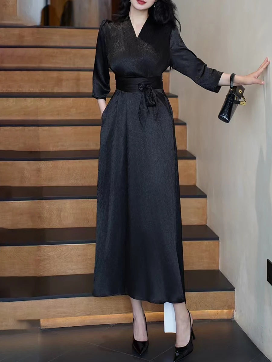 Solid Spliced Lace Up Slimming Dresses For Women V Neck Long Sleeve High Waist Temperament Elegant Dress Female New