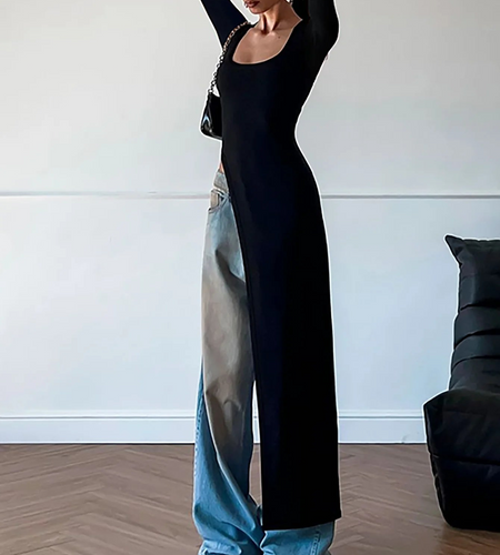 Spring Fashion Solid Long Sleeve Slit Irregular Sexy Bodycon Maxi Dress Women Casual Y2K New Outfits Party Vacation