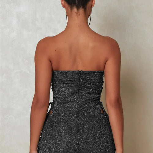 Load image into Gallery viewer, Glitter Sexy Dress Set Women Strapless Bodysuit And Mini Skirt Matching Sets Ladies Party Drawstring Two Piece Sets
